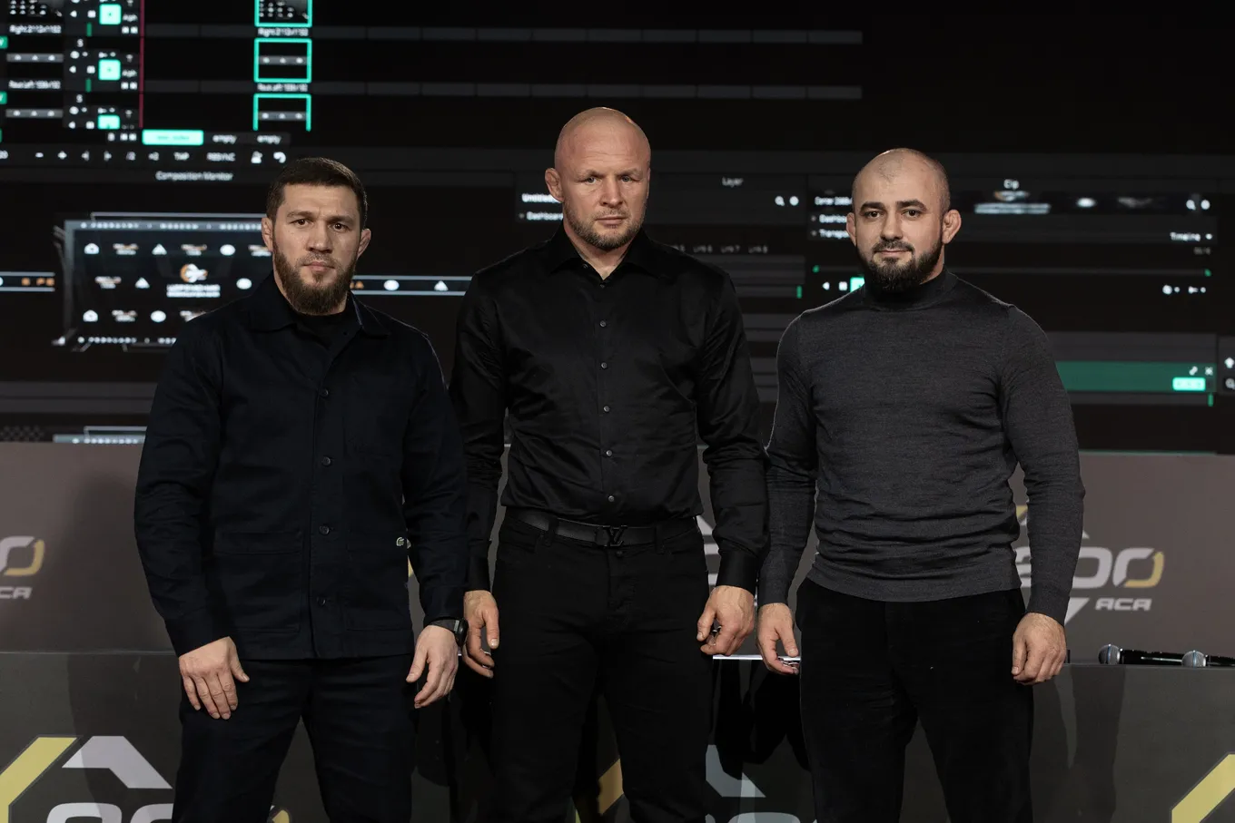 Александр Шлеменко в компании президента ACA Магомеда Бибулатова и вице-президента лиги Асланбека Бадаева