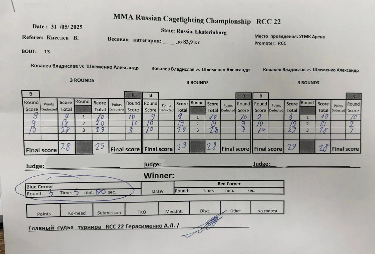 Судейские записки главного боя турнира RCC 22