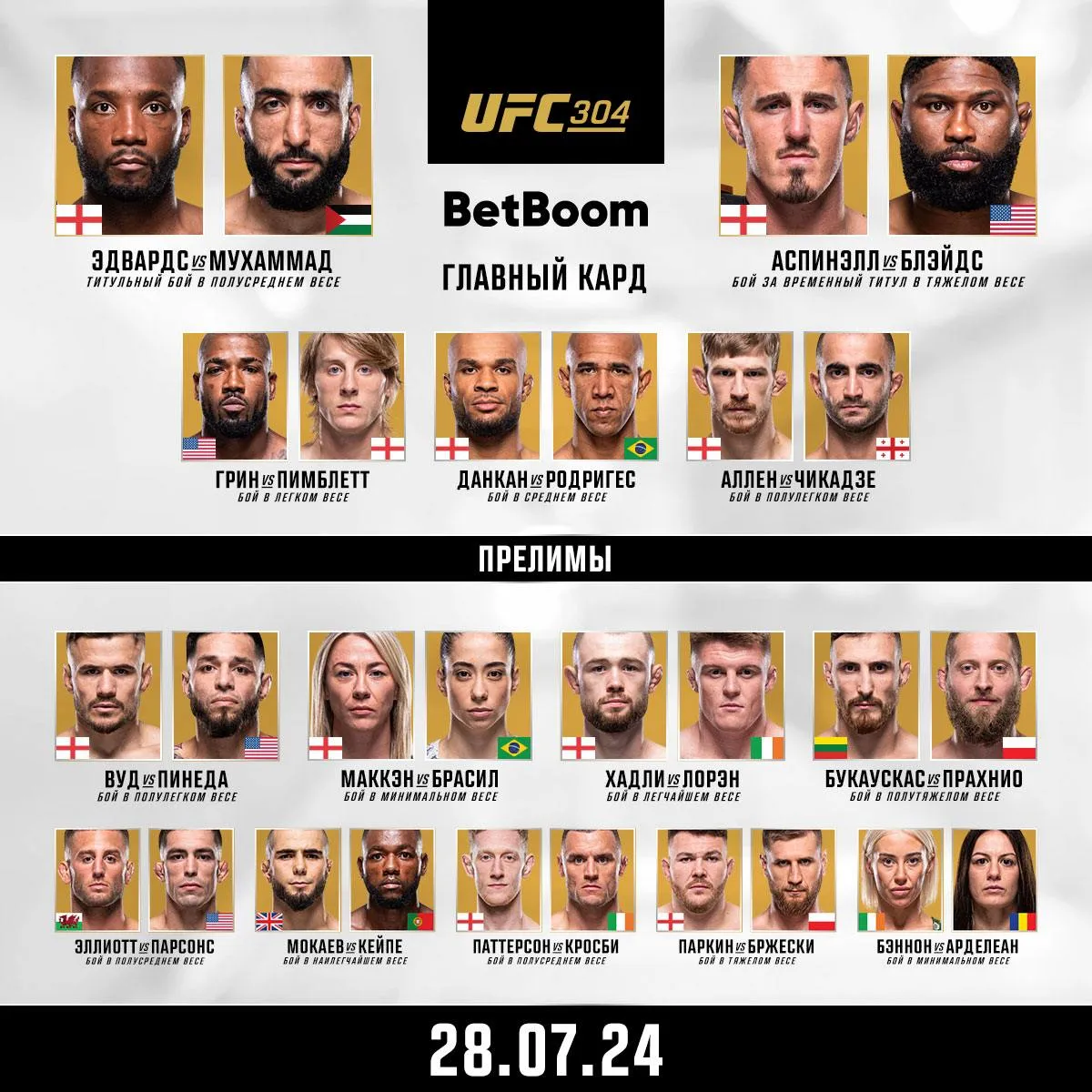 Кард турнира UFC 304