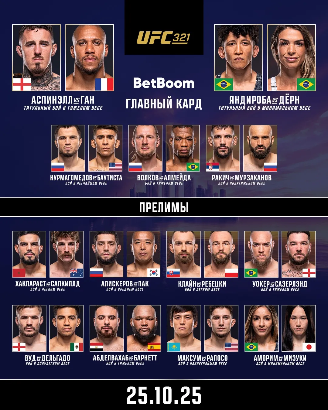 Полный кард турнира UFC 321