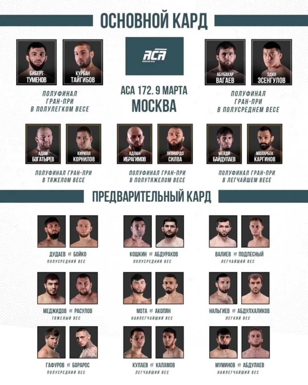 Полный кард турнира АСА 9 марта