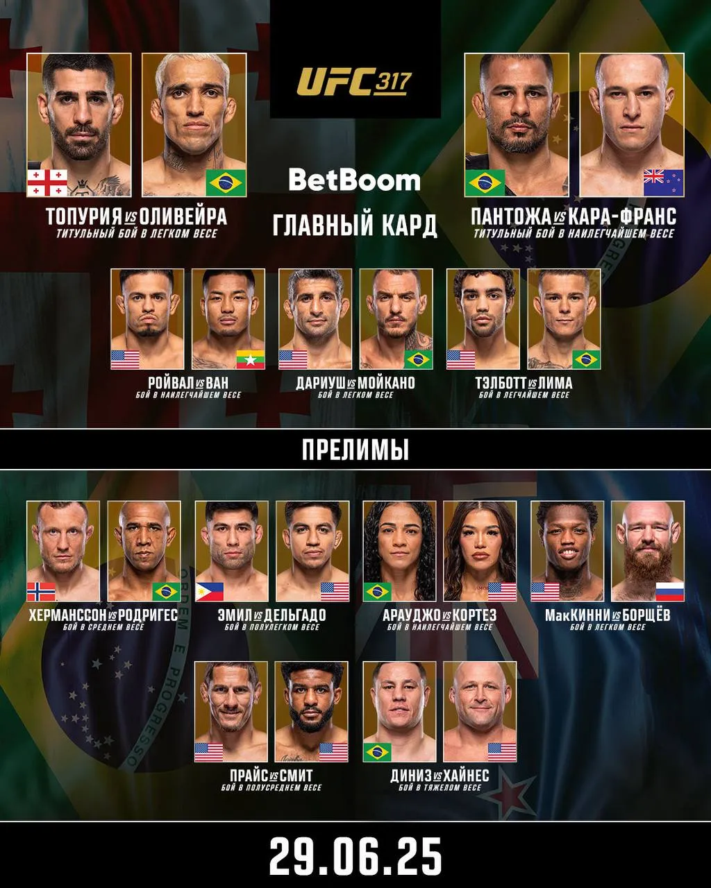 Полный кард турнира UFC 317