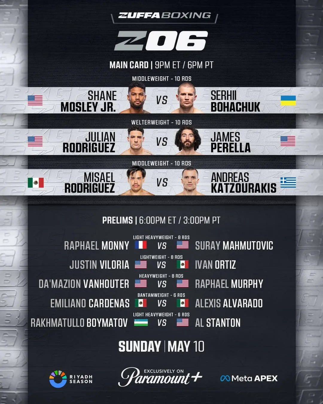 Полный кард турнира Zuffa Boxing 10 мая