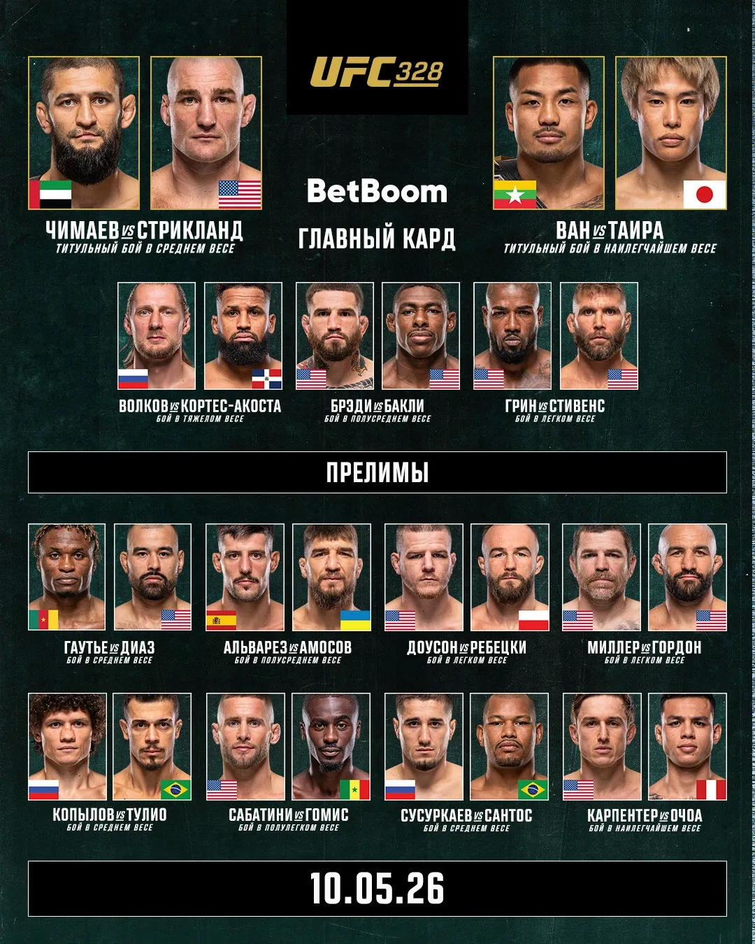 На UFC 328 состоятся 13 поединков