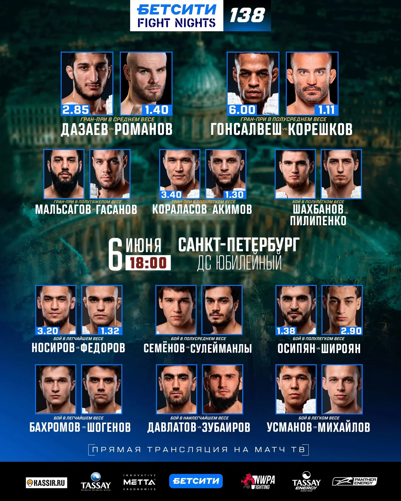 Полный кард турнира Бетсити Fight Nights 138