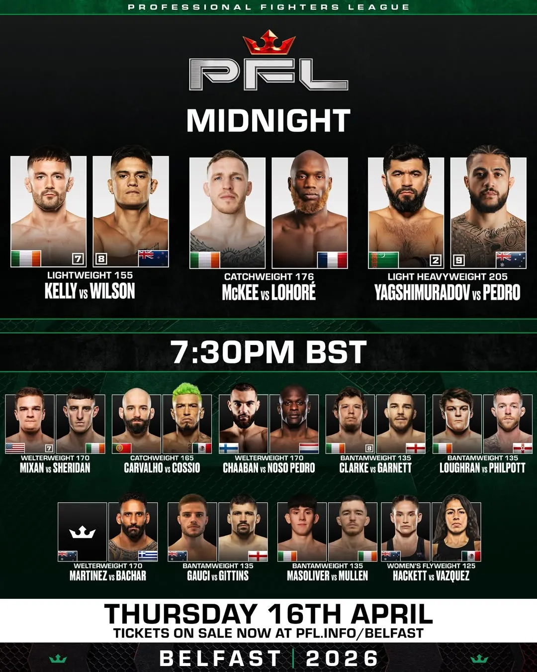 Полный кард турнира PFL Belfast 16 апреля