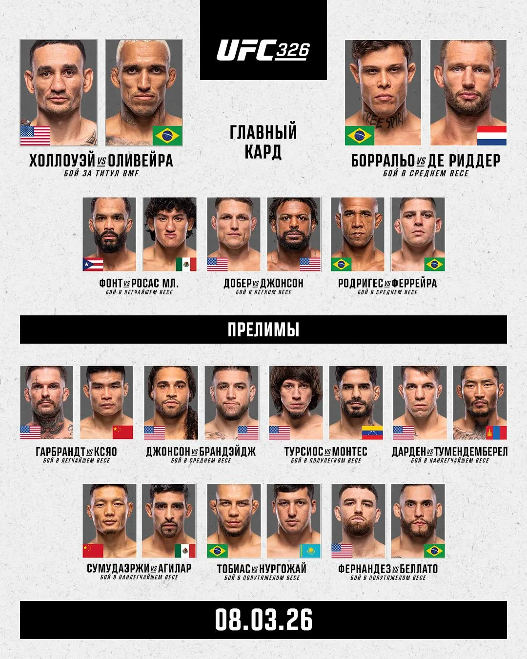 Полный кард турнира UFC 326