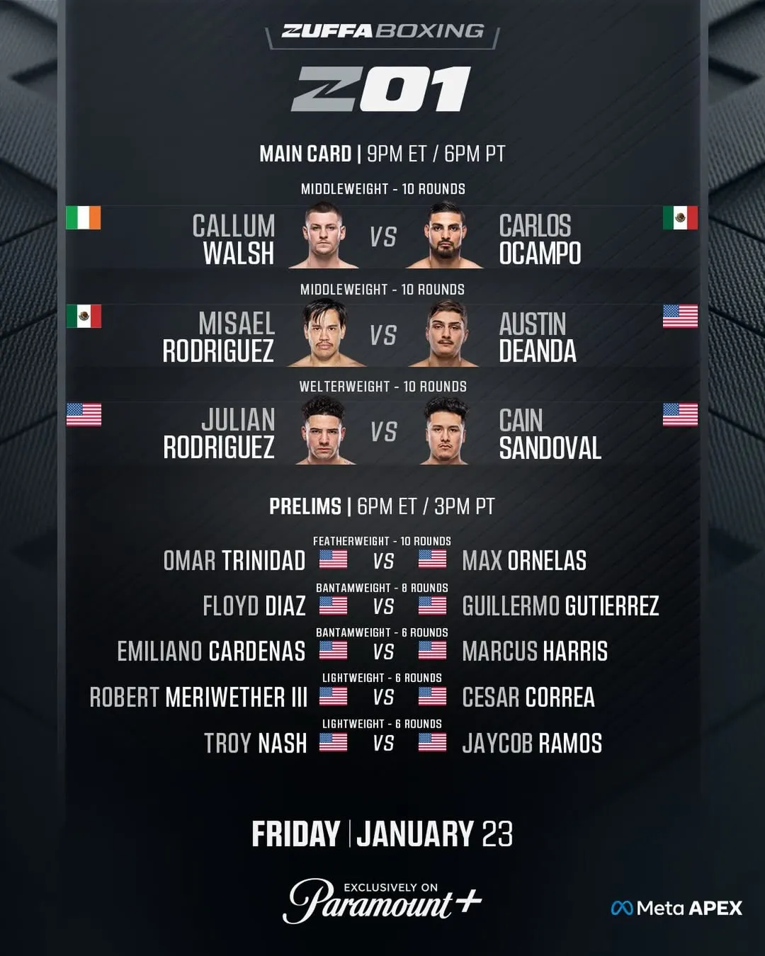 Полный кард турнира Zuffa Boxing 23 января