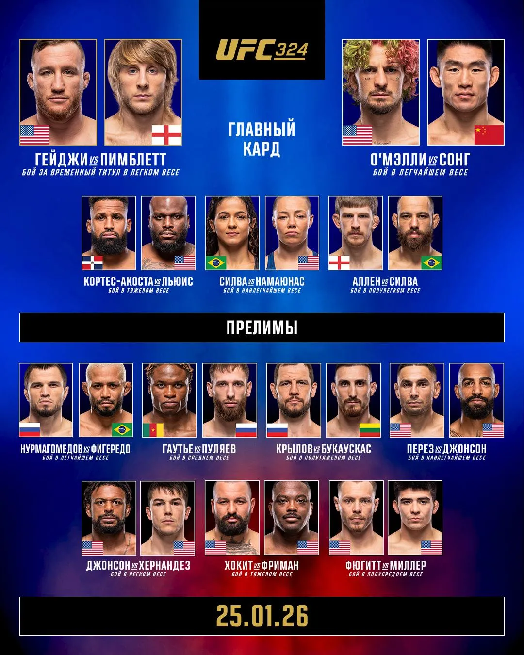 Кард турнира UFC 324