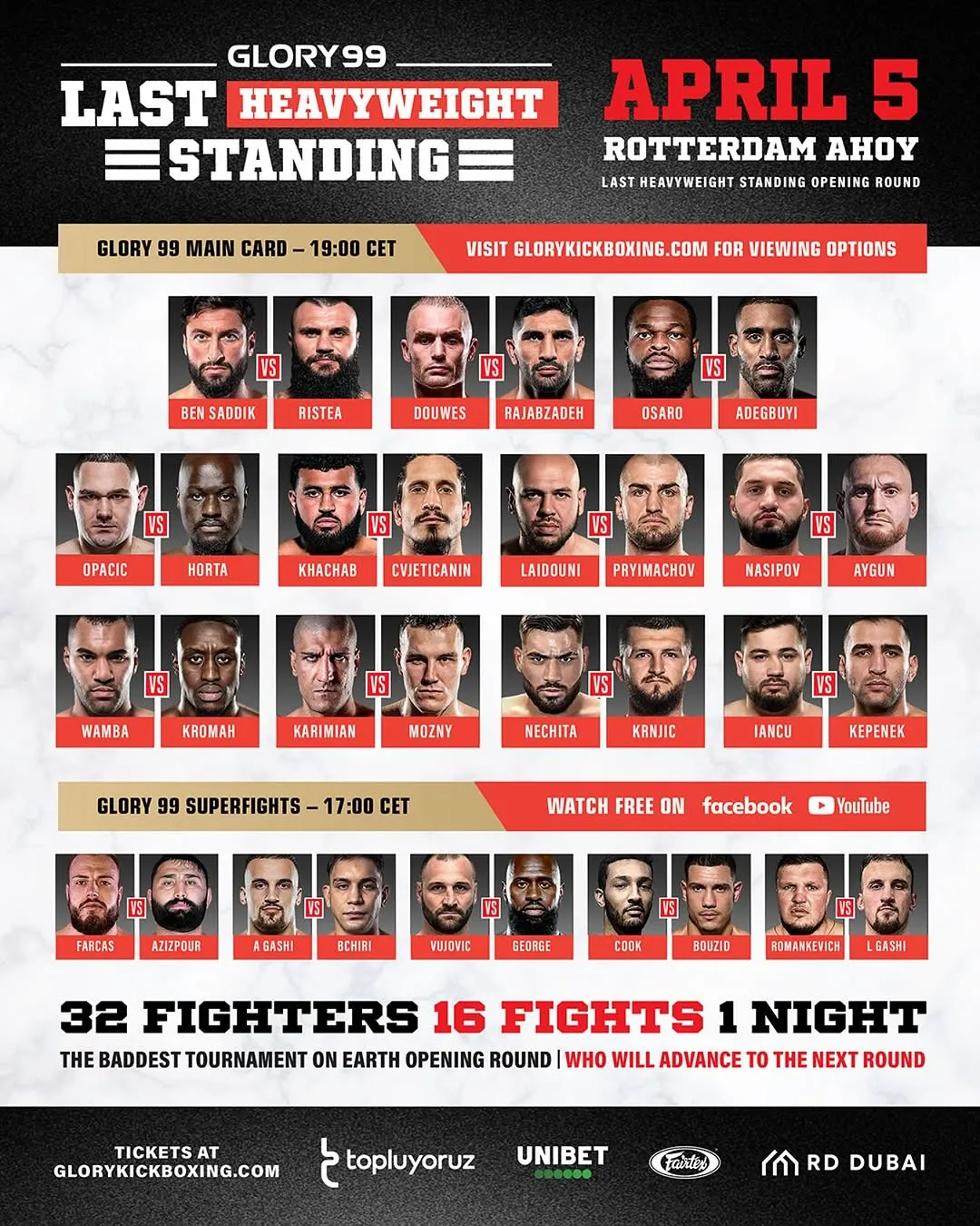 Полный кард турнира Glory 5 апреля
