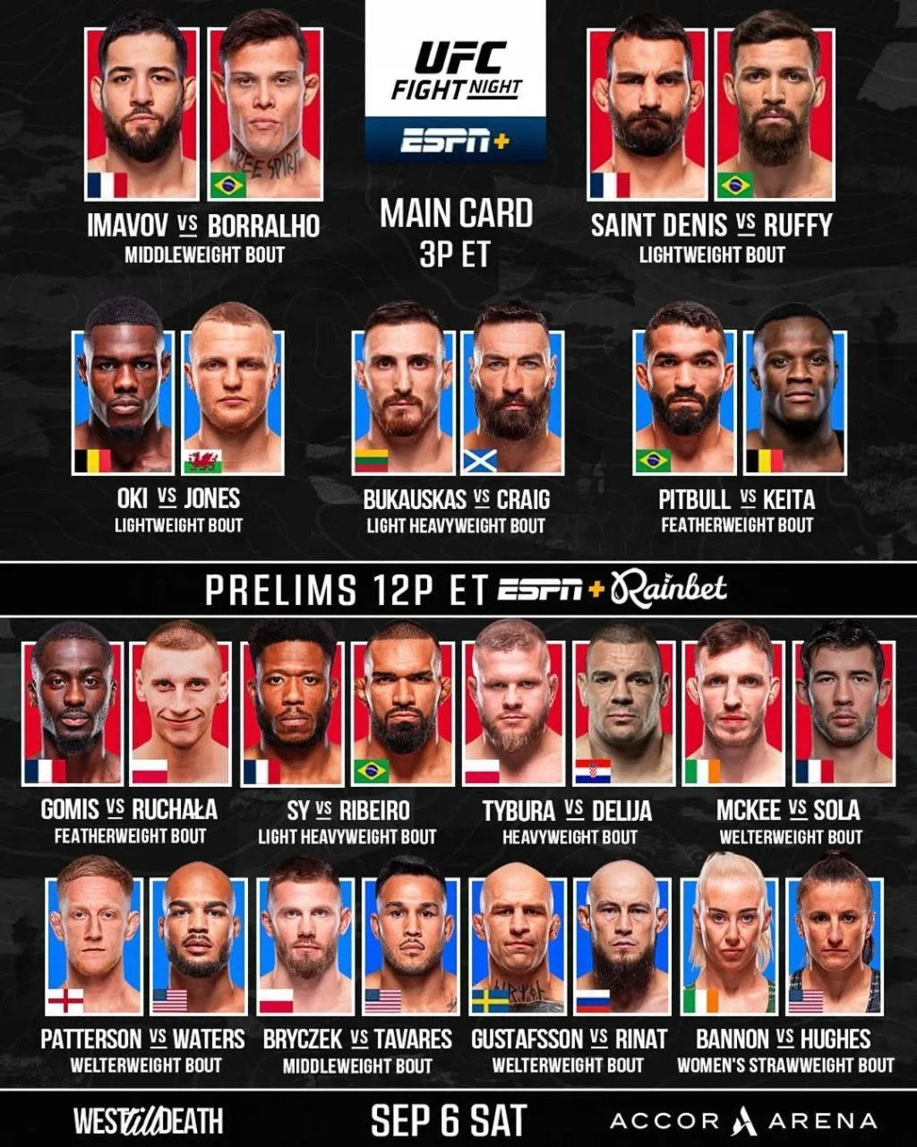 Полный кард турнира UFC 6 сентября