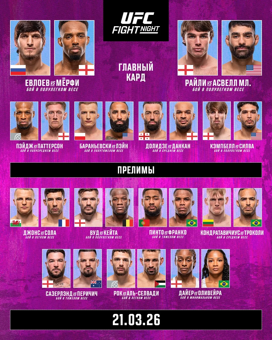 В рамках UFC Лондон пройдут 13 поединков
