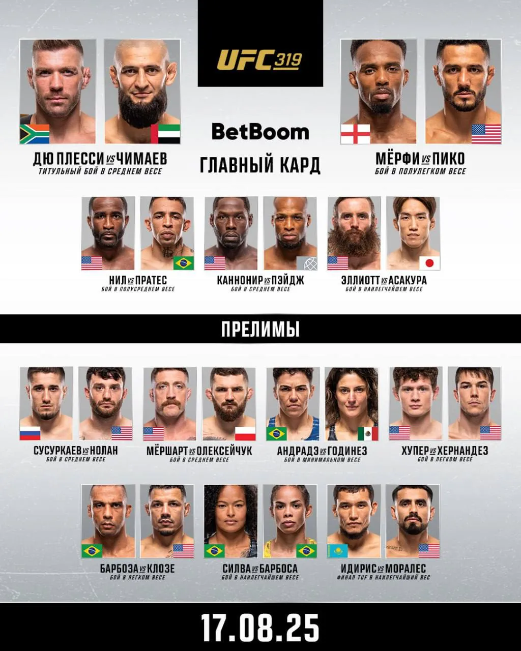 Полный кард турнира UFC 319