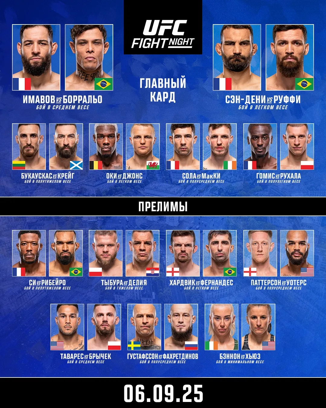 Полный кард турнира UFC Париж