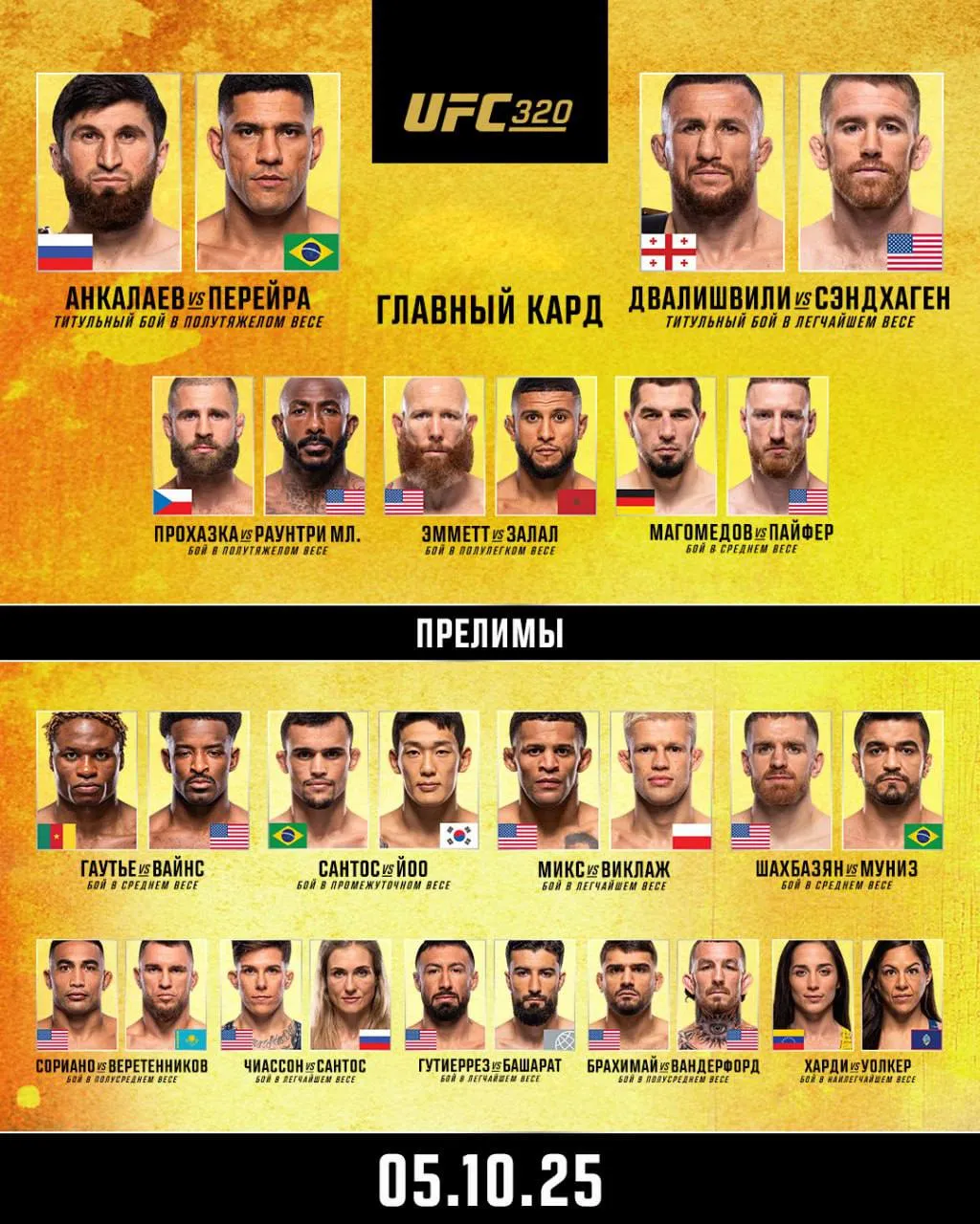 Полный кард турнира UFC 320