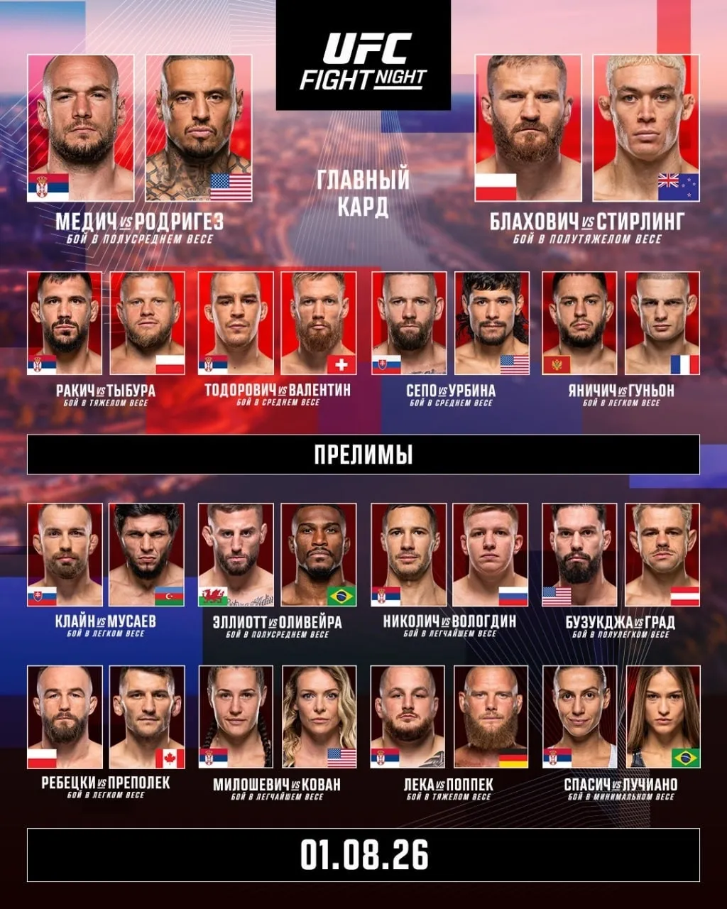 Полный кард турнира UFC Белград