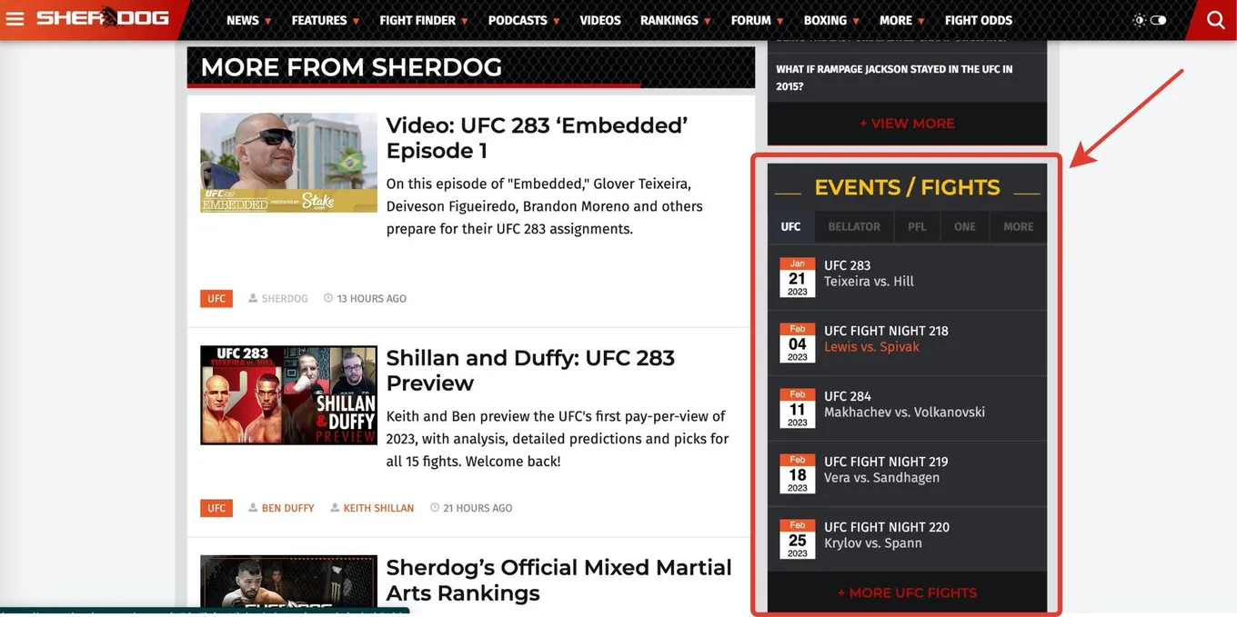 Календарь событий Sherdog