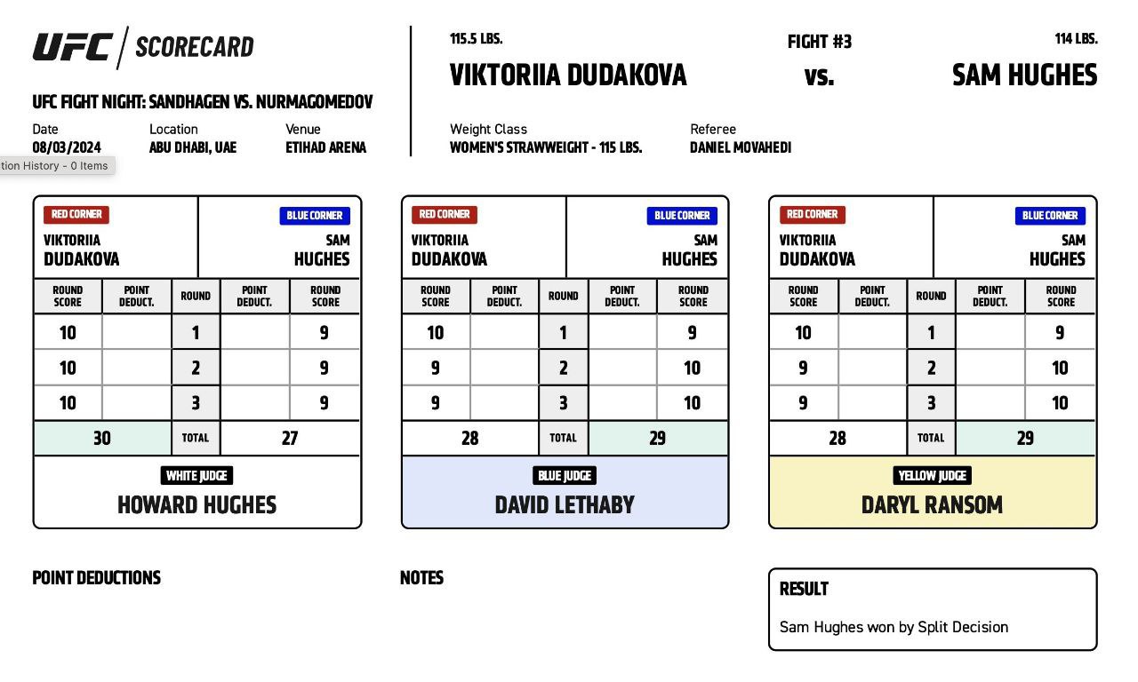 Судейские карточки в бою Дудакова – Хьюз