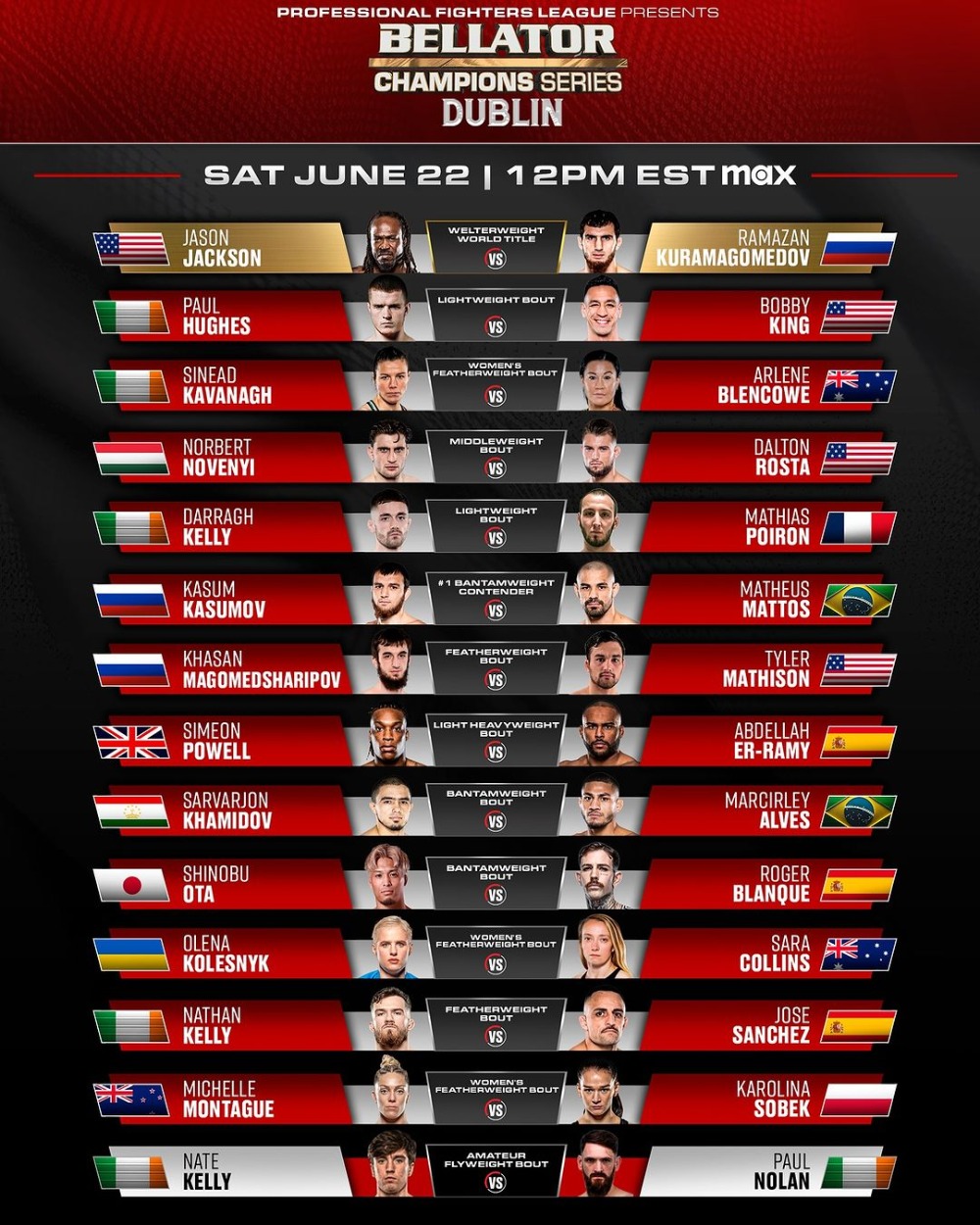 Полный кард турнира Bellator 22 июня